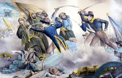 Cattura di Costantino in Algeria nel 1837 da parte del Maresciallo Valée. Litografia a colori del XIX secolo.