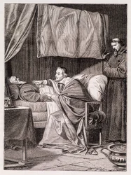 Cardinale Richelieu sul letto di morte di Padre Giuseppe - incisione