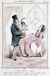 Tassa sui gatti: "Madame Papinard! Raduna tutto il tuo coraggio. Ho fatto imbalsamare il tuo gatto, così almeno non pagheremo la tassa" - caricatura