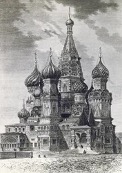 Cattedrale della Protezione della Santissima Theotokos sul Fossato o Cattedrale di San Basilio sulla Piazza Rossa a Mosca, Russia, incisione da Free Russia