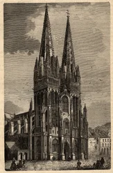 Cattedrale di Saint Corentin di Quimper - incisione in "PATRIE - DESCRIPTION PICTURESQUE DE LA FRANCE EN 6 VOLUMES" di Lucien Huard - fine XIX secolo