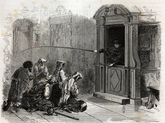 Praticanti cattolici in preghiera, ricevendo la penitenza ordinaria, frustate amministrate da un prete dalla cabina. Incisione per illustrare la storia della Settimana Santa a Roma, nel 1863, di Ludovic Celler, in 