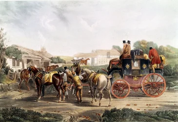 Cambio di cavalli alla locanda durante un viaggio in carrozza
