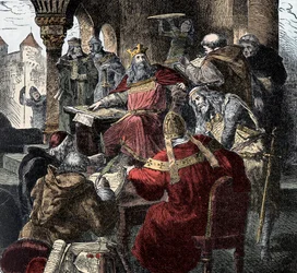 Carlo Magno (742 - 814) sul suo trono presiede l
