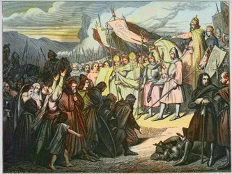 Carlo Magno accetta la resa di Wittekind a Paderborn (785) - Vittoria di Carlo Magno (742-814) sul braccio sassone di Widukind di Sassonia (Wittekind) nel 785 (Widukind o Witikind - Widukind delle guerre sassoni: leader germanico dei Sassoni Widukind capit