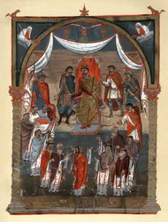 Carlo II il Calvo (823 - 877), Re di Francia che riceve una delegazione di monaci da Tours. Facsimile in cromolitografia del XIX secolo dopo una miniatura del X secolo conservata alla B.N. di Parigi.
