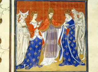 Carlo IV il Bello e Bianca di Borgogna - Miniatura del Medioevo (rif. 512, 345v): Richiesta di permesso alla Biblioteca Municipale di Tolosa (tel: 05 62 27 66 66)