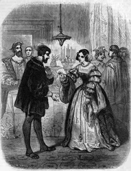 Carlo V con Anna di Pisseleu, Duchessa di Etampes, amante di Francesco I soprannominata La Belle Feronniere. Incisione del XIX secolo
