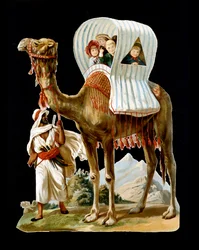 Bambini camminano in un cesto sul dorso di un cammello, Algeria - cromolitografia, fine XIX secolo