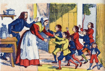 Il ritorno dei bambini. Illustrazione per "Le Petit Poucet" di Charles Perrault (1628-1703), scrittore francese. Illustrazione anonima. Immagini di Marcel Vagne, Jarville Nancy, senza data (fine XIX secolo)