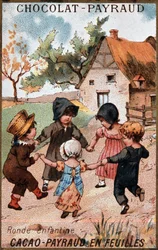 Gioco del girotondo dei bambini, pubblicità del cioccolato Payraud, ca. 1895