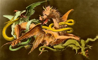 Chimere Un drago che combatte due mostri. Incisione del XIX secolo.