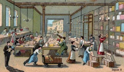 Produzione di cioccolato: confezionamento, spedizione. Cromolitografia della fine del XIX secolo