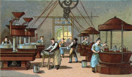 Fabbricazione del cioccolato, sala di miscelazione. Cromolitografia della fine del XIX secolo