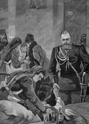 Colera in Russia nel 1892: Alessandro III, Imperatore di Russia e sua moglie Maria Feodorovna visitano un ospedale. Incisione del 1892
