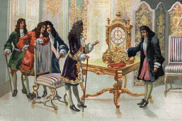 Christiaan Huygens (1629-1695), matematico e astronomo olandese, presenta il suo orologio a Luigi XIV
