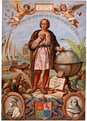 Cristoforo Colombo. A sinistra, ritratto di Isabella la Cattolica, Regina di Castiglia (1451-1504). Cromolitografia spagnola del XIX secolo
