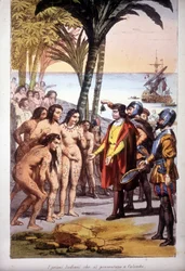 Lo sbarco di Cristoforo Colombo a San Salvador (Bahamas) il 12/10/1492: i primi indiani apparvero davanti a Colombo. Incisione, 1850.