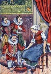 Cenerentola prova la scarpetta. Illustrazione anonima per "Cenerentola", racconto di Charles Perrault (1628-1703), scrittore francese. Immagini Marcel Vagne, Jarville Nancy, senza data (fine XIX secolo)