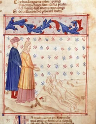 Cerchio dei Traditori: Dante e Virgilio incontrano Ugolino della Gherardesca, tiranno di Pisa e condannato per tradimento alla patria, che batte la testa dell