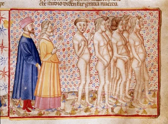 Cerchio dei violenti contro Dio, natura e arte: Dante e Virgilio incontrano i bestemmiatori. Pagina miniata che illustra un canto dell