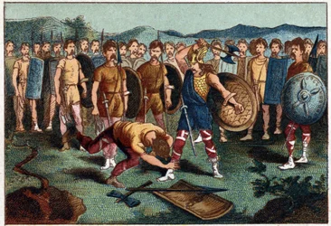 Clodoveo (465-511) e il guerriero franco che ruppe il Vaso di Soissons nel 486 - Clodoveo I che abbatte il soldato che aveva rotto il Vaso di Soissons, nel 486. Cromolitografia del XIX secolo