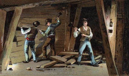 Miniera di carbone in Francia alla fine del XIX secolo: galleria di legno. Cromolitografia della fine del XIX secolo