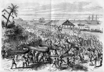 Cocincina: processione annuale del drago organizzata dalla congregazione di Saigon nel 1865