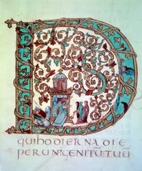 Collezione di Pasqua: grande iniziale (lettrine) D ornata e istoriata (le Sante donne al sepolcro). Miniatura (Folio 58) del Manoscritto “Sacramentale di Drogone” dal Tesoro della Cattedrale di Metz, 845-855. BN, Parigi.