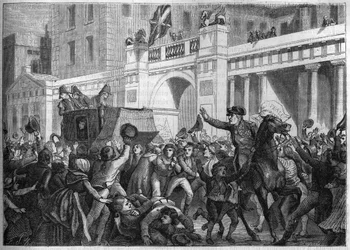Il colonnello Alexandre Jacques Bernard Law Marchese di Lauriston è trasportato in trionfo dal popolo di Londra nel 1801 - Alexandre Jacques Bernard Law de Lauriston (1768-1828) generale francese, ambasciatore a Londra, la sua carrozza è trainata dai londi