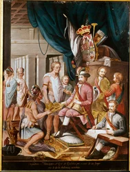 Conquista del Messico: Montezuma (o Moctezuma II), imperatore azteco (1466-1520) offre doni al conquistador Hernan Cortez (o Cortes) (1485-1547) e giura fedeltà al Regno di Spagna