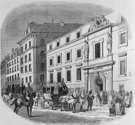 Conservatorio di musica di rue du Faubourg Poissonniere a Parigi: ingresso al concerto. Incisione del 1860