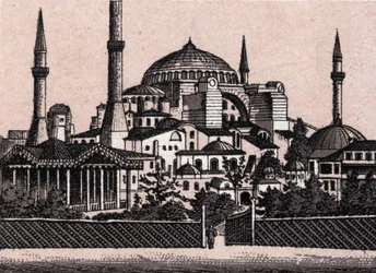 Costantinopoli, Turchia: vista della moschea di Santa Sofia (Hagia Sophia o Haghia Sophia). in "Il mondo illustrato 168 vedute". Non datato (fine XIX secolo)