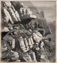 Costruzione di una strada di montagna nelle Alpi - Incisione in 