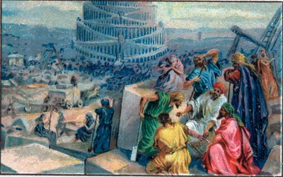 Costruzione della Torre di Babele. Cromolitografia della fine del XIX secolo