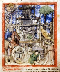 Costruzione della Torre di Babele. Miniatura dal codice 212 (o codice padovano o Bibbia di Padova) 1390-1400 Rovigo, Accademia dei Concordi