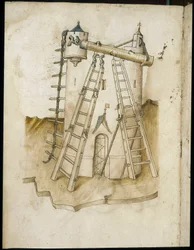 Lavori di costruzione - Manoscritto: foglio di pergamena di un manuale di ingegneria per la costruzione di edifici civili, religiosi e militari, anonimo, fine XV secolo (figura in inchiostro cinese)