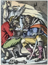 Conversazione tra il lupo e la volpe. Illustrazione della fiaba "Compere le Loup, Maitre Renard, Comere la Chevre et ses petits biquets" dopo una favola di Jean de la Fontaine. In "Fiabe dalla casa per i piccoli". Incisione anonima del XIX secolo
