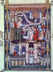 Conversione dei parigini: su un ponte di Parigi, dove si trovano negozi di oreficeria, i parigini rompono idoli in oro. Miniatura dal manoscritto "Vita di San Dionigi" di Yves, monaco di Saint-Denis