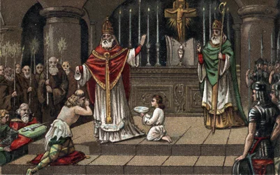 Conversione di Widukind o Witikind davanti a Carlo Magno nel 785. Cromolitografia della fine del XIX secolo