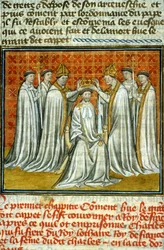 Incoronazione di Ugo Capeto (987) da parte di Adalberone (ca. 925-990), arcivescovo di Reims - miniatura su pergamena dal manoscritto medievale «Grandi Cronache di Saint-Denis», fine del XIV secolo (rif. 512)