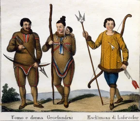 Costume. Sinistra: Coppia di eschimesi della Groenlandia con il loro bambino. Destra: Eschimese del Labrador. Litografia inizio XIX secolo