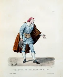 Costume di Niccolò Barbieri, detto Beltrame di Milano (morto nel 1641) nel 1600. Costume della commedia italiana (commedia dell