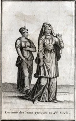 Costume delle dame greche nel IV secolo. Incisione in 