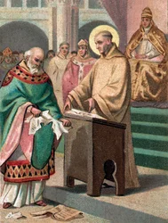 Concilio di Reims nel 1148: San Bernardo di Chiaravalle (1090-1153) accusò Gilbert de la Porrée, vescovo di Poitiers, di eresia - Cromolitografia della fine del XIX secolo