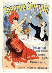 Coppia che brinda con champagne - manifesto pubblicitario per la Taverna Olympia, di Jules Cheret, fine XIX secolo