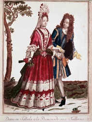 Coppia che cammina nel Giardino delle Tuileries, Parigi (incisione)