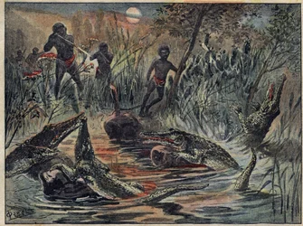 Caccia al coccodrillo in Niger con un bambino come esca. Illustrazione in "Le Pèlerin" del 4 dicembre.
