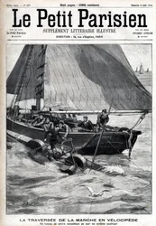 Attraversamento della Manica in velocipede: una barca da pesca raccoglie Georges Pinkert in mare che aveva scommesso di attraversare la Manica con il velocipede acquatico che aveva inventato. Incisione in 