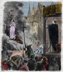 Crociata contro gli Albigesi - Eretici bruciati vivi: Catari al rogo, al tempo della crociata contro gli Albigesi in Francia nel XIII secolo - Incisione del 1879 in “Histoire des Societes Secretes, Politiques et Religions” di Pierre Zaccone (1817-1895)